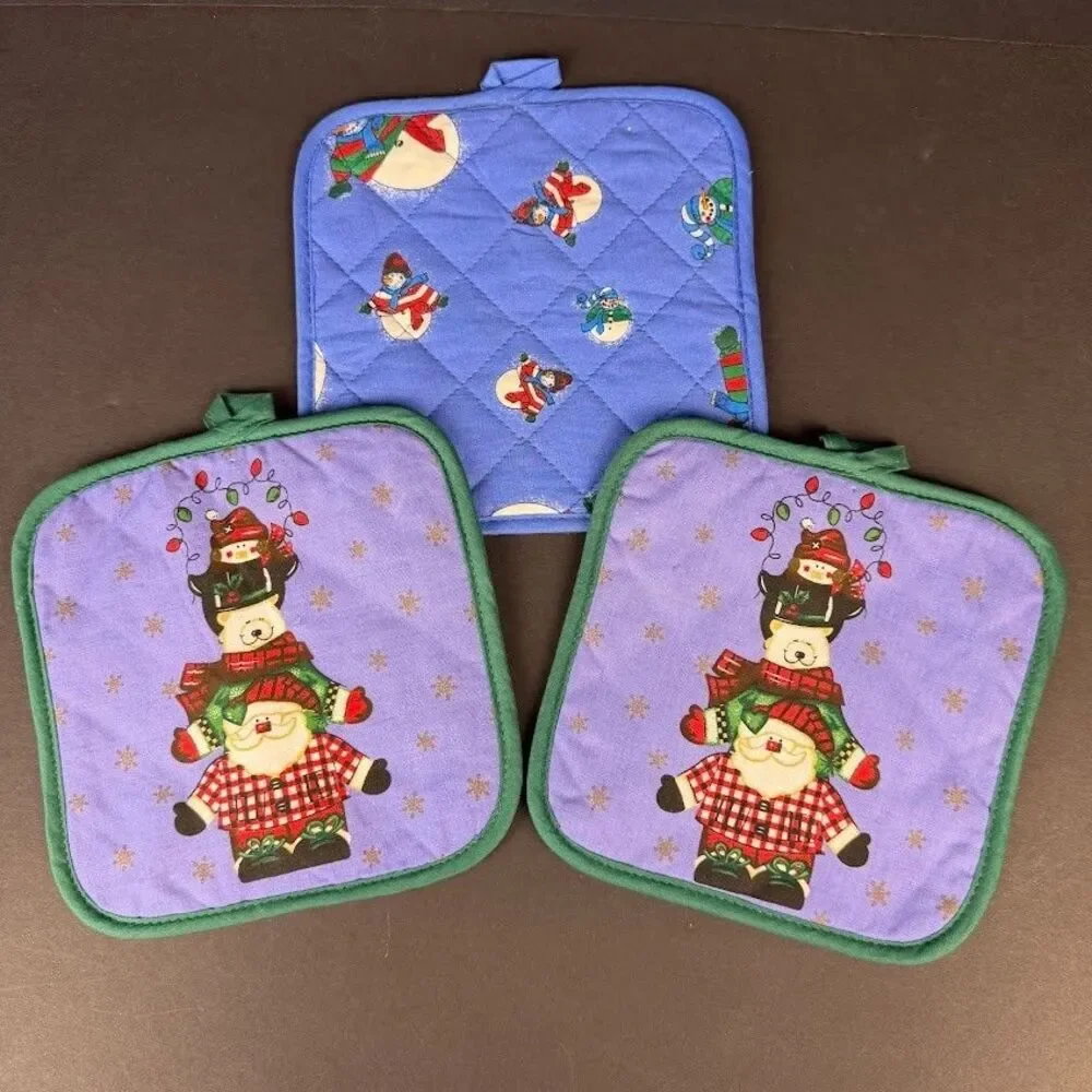 Set of 3 Cotton Christmas/Winter Pot Holders-Snowmen, Santa, Penguin, Polar Bear